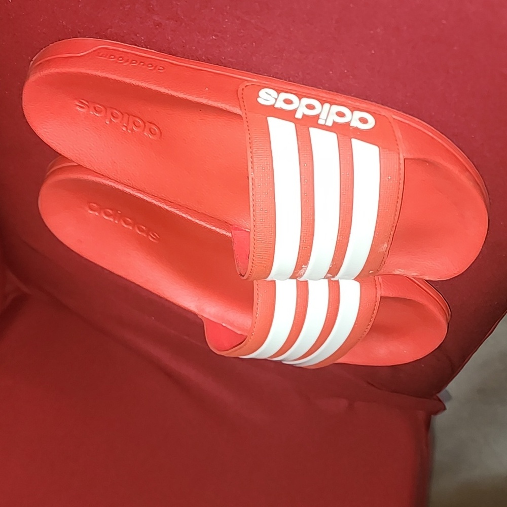 Adidas Red and White Striped Slides
